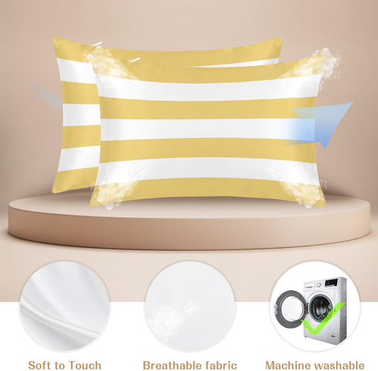 Lemon Yellow Striped Pillow Cases Standard Size Set of 2, Modern Yellow Stripes Farmhouse Satin Pillowcase with Zipper for Hair/Skin, Decorative Pillow Covers for Bed/Couch/Sofa, 20x26 Inches