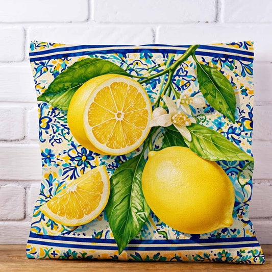 Lemon Yellow and Blue Throw Pillow Cover 18x18,Mediterranean Summer Italian Themed Tile Flower Pattern Decorative Cushion Cover,Linen Blend Square Pillowcase for Sofa Couch Bed