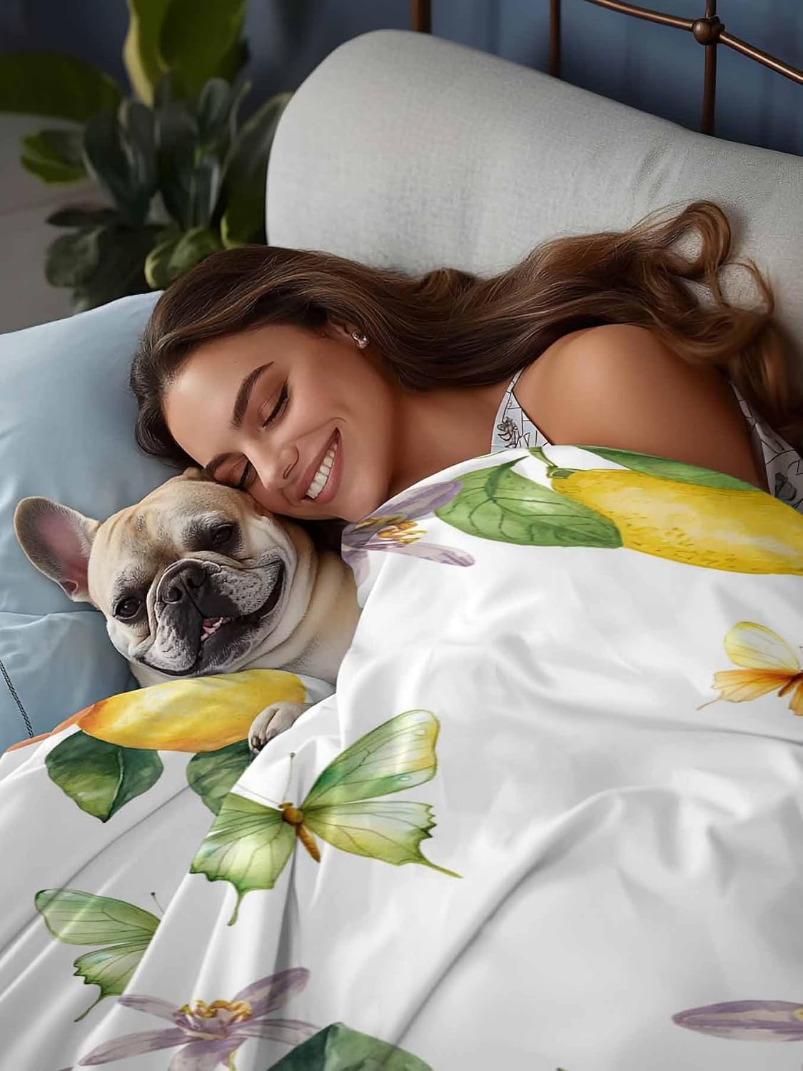 Twin Flat Sheet Only,Vintage Farm Lemon Flowers Top Sheet Breathable Soft Brushed Polyester Microfiber Bed Sheets,Yellow Fruit Butterfly Floral Hotel Luxury Bedding Sheets for Women,Men,Teens