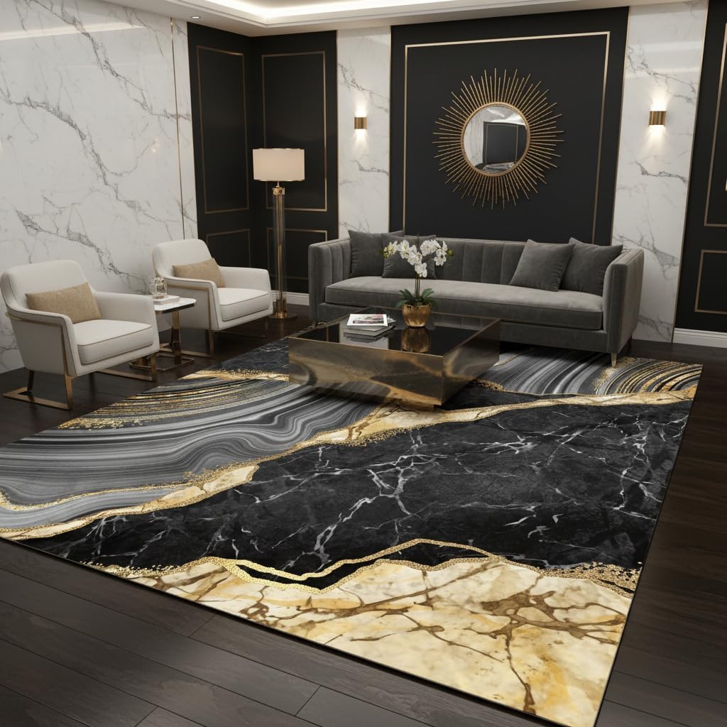 Black Grey Yellow Marble Texture Modern Abstract Aesthetic Area Rug 3x5 Minimalist Art Decor Rug for Livingroom Bedroom Diningroom Indoor Kitchen Hallway Carpet
