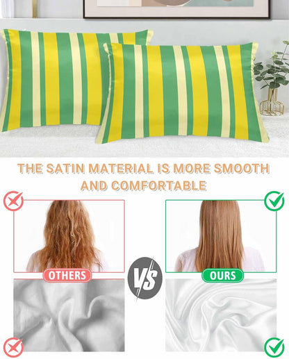Satin Pillowcases Standard Size, Lemon Green Yellow Silk Pillow Cases for Hair and Skin with Zipper 2 Pack, Summer Modern Farmhouse Striped Smooth Throw Pillow Covers for Sleeping, 20"x26"