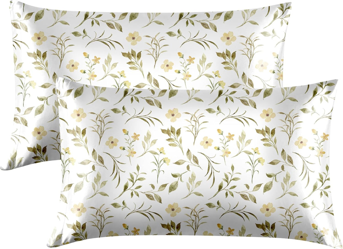 EXQ Home Satin Pillowcase for Hair and Skin Queen - Printed Yellow Sprig