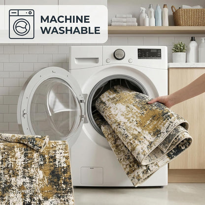 Yellow and Grey Area Rug 5x7, Contemporary Abstract Rugs Washable Non Slip Distressed Modern Carpet for Living Room Bedroom