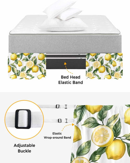 Yellow Lemon Bed Skirt Queen Size 16 Inch Drop, Adjustable Elastic Wrap Around Bed Skirts Easy Fitting Dust Ruffle Bedskirt Bed Frame Cover Watercolor Leaf Floral Green White Modern