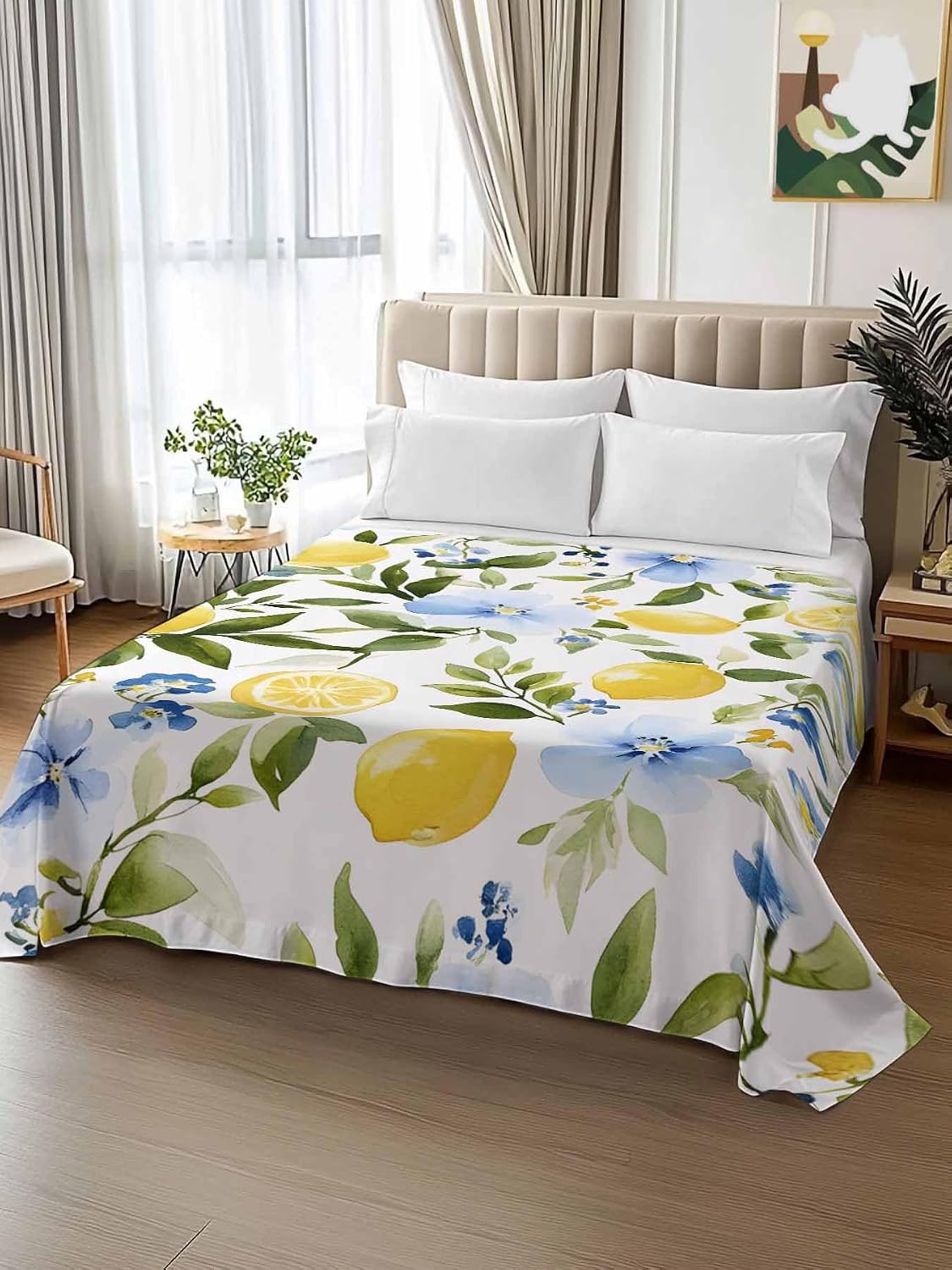 Twin Flat Sheet Only,Watercolor Lemon Floral Leaves Top Sheet Breathable Soft Brushed Polyester Microfiber Bed Sheets,Yellow Blue White Hotel Luxury Bedding Sheets for Women,Men,Teens