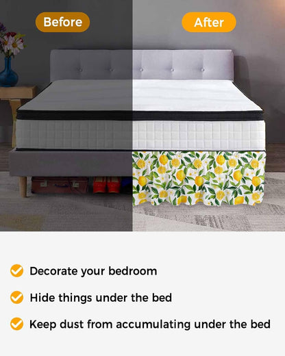 Yellow Lemon Bed Skirt Queen Size 16 Inch Drop, Adjustable Elastic Wrap Around Bed Skirts Easy Fitting Dust Ruffle Bedskirt Bed Frame Cover Botanical White Floral Green Leaves