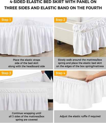 Yellow Lemon Bed Skirt Queen Size 16 Inch Drop, Adjustable Elastic Wrap Around Bed Skirts Easy Fitting Dust Ruffle Bedskirt Bed Frame Cover Botanical White Floral Green Leaves