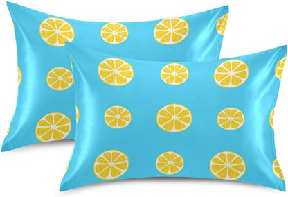 Yellow Lemon Slices Satin Pillowcase for Hair and Skin, Soft Breathable Pillow Case Anti-Wrinkle Cooling Silk Pillow Cover with Envelope Closure for Bedroom, Standard 20 x 26 Inches