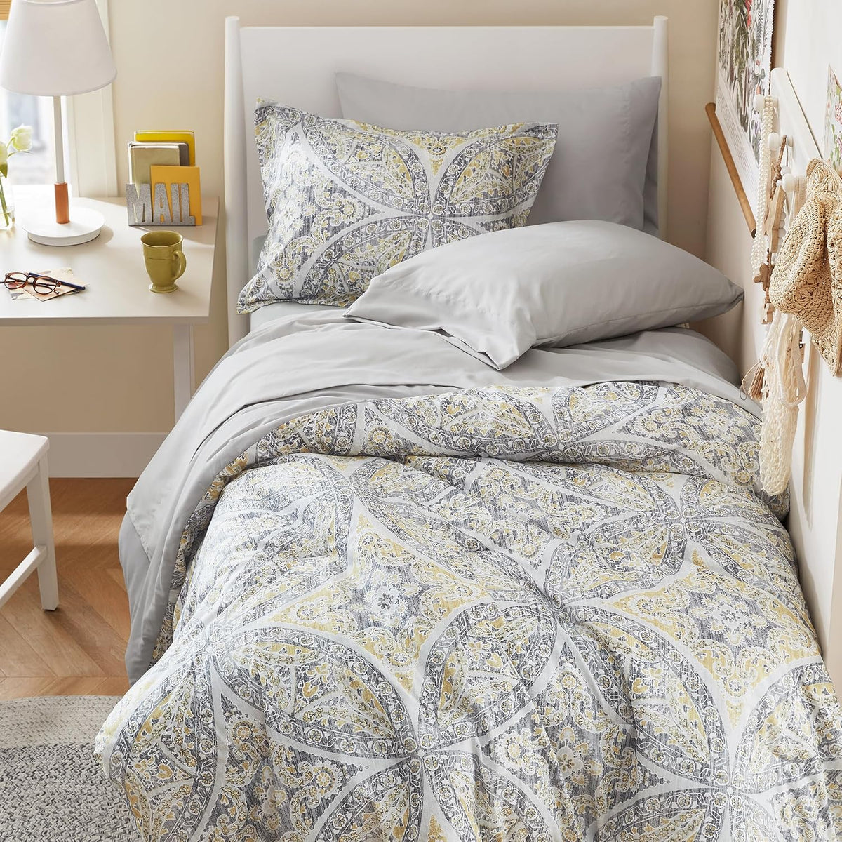 Gloria Comforter Set, Twin XL, 6 Piece, Gray/Yellow