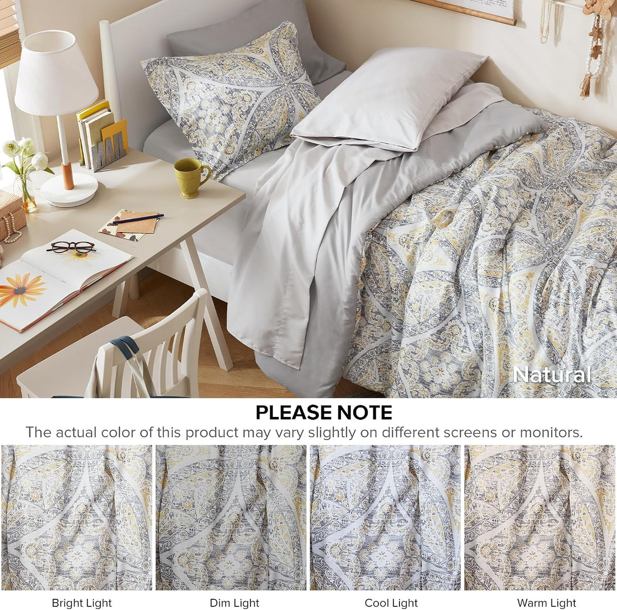 Gloria Comforter Set, Twin XL, 6 Piece, Gray/Yellow