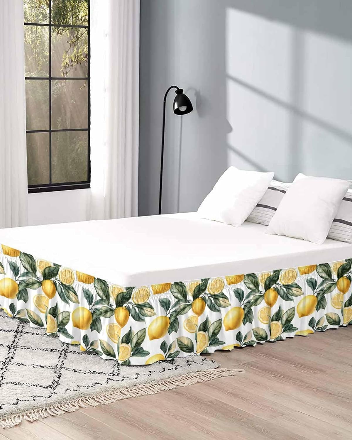 Lemon Bed Skirt Queen Size 16 Inch Drop, Adjustable Elastic Wrap Around Bed Skirts Easy Fitting Dust Ruffle Bedskirt Bed Frame Cover Summer Yellow Fruit Country Spring Leaf Plant