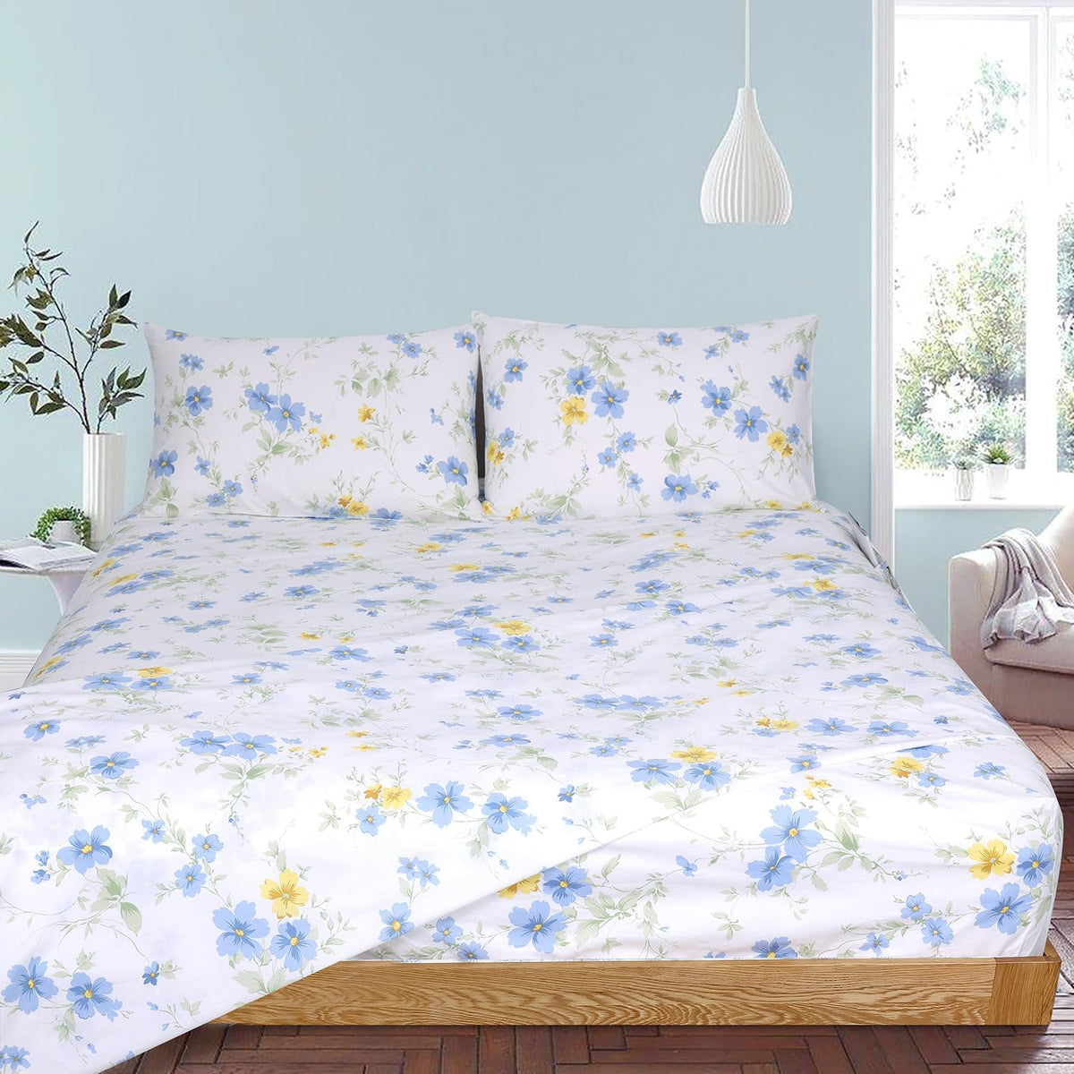 Cotton Sheet Set Floral Queen Blue Yellow Spring Flower Fitted Sheets