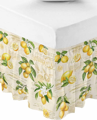 Yellow Lemons Bed Skirt Queen Size 16 Inch Drop, Adjustable Elastic Wrap Around Bed Skirts Easy Fitting Dust Ruffle Bedskirt Bed Frame Cover Summer Botanical Fruit Leaves Country