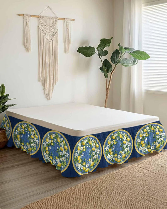 Bed Skirt Yellow Lemons Bohemian Summer Navy Blue Ruffle Bed Skirt Wrap Around Bed Skirts for Queen Beds 16" Drop,Adjustable Elastic Dust Ruffles Easy Fit and Wrinkle-Free