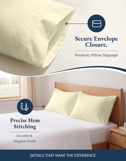 100% Organic Cotton King Size Pillow Cases Set of 2 (20''x36'') Pure Organic Cotton Pillowcases Light Yellow