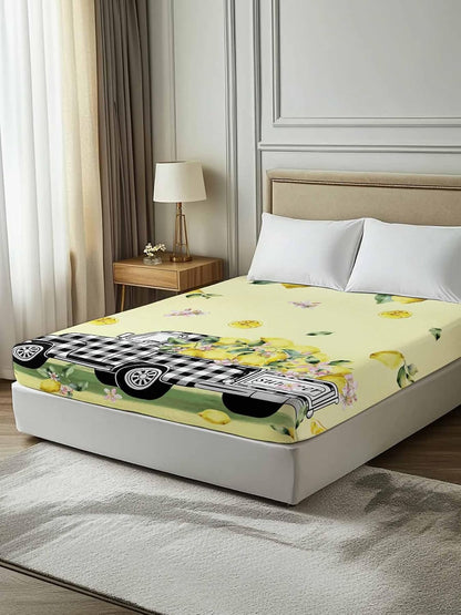 Queen Size Top Sheet Only, Pastoral Plaid Truck Lemon Fruit Flat Sheet Microfiber Breathable Soft Bed Sheets, Farm Floral Leaves on Yellow Hotel Bedding Flat Sheets for Bedroom