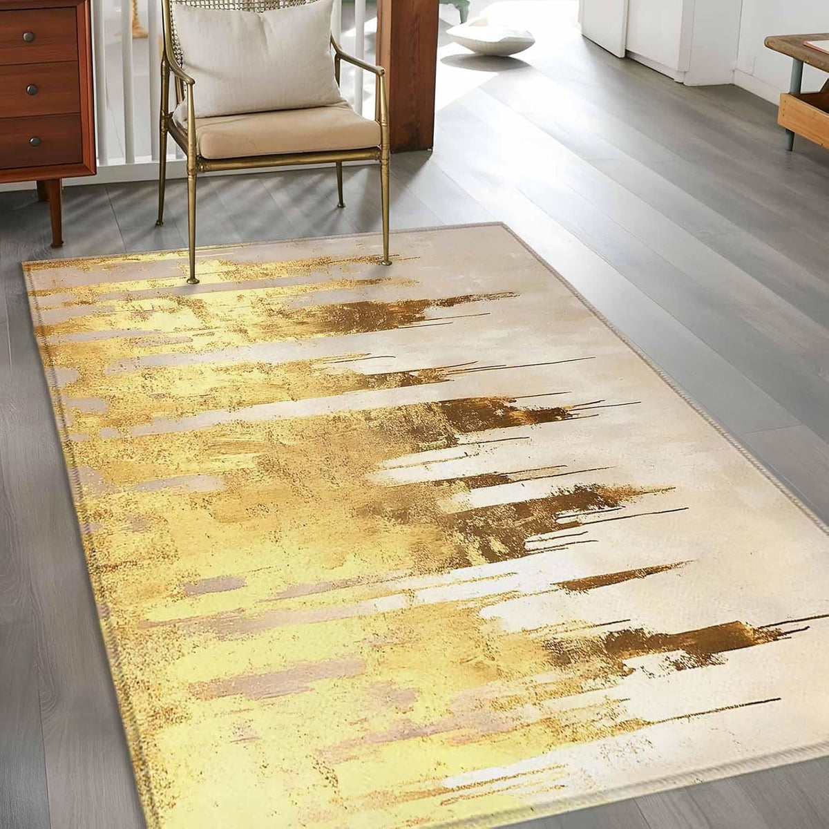 Area Rug Abstract Yellow Beige Non-Slip Indoor Area Rug Modern Art Washable Decorative Floor Carpet for Bedroom Living Room