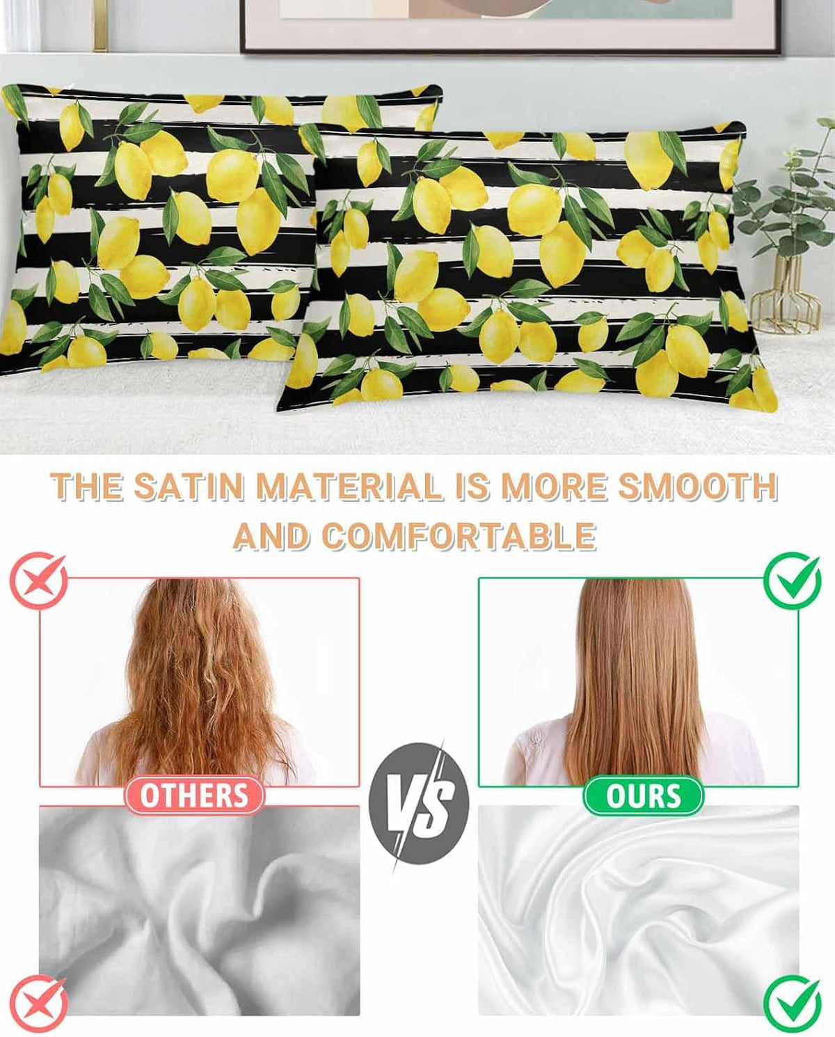 Satin Pillowcase for Hair and Skin Standard Size 2 Pack Yellow Lemon Satin Pillow Case Soft Cool Silk Summer Fruit Black Striped Pillowcases with Hidden Zipper Throw Pillow Covers 20x26 Inch