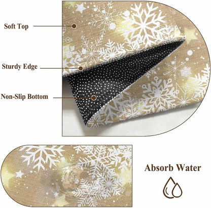 Rectangle Area Rug 2x3ft, Christmas Snowflake Yellow Star on Brown Non Slip Floor Mat, Winter Snow Scene Non Shedding Washable Floor Carpets for Living Room Bedroom Home Decor