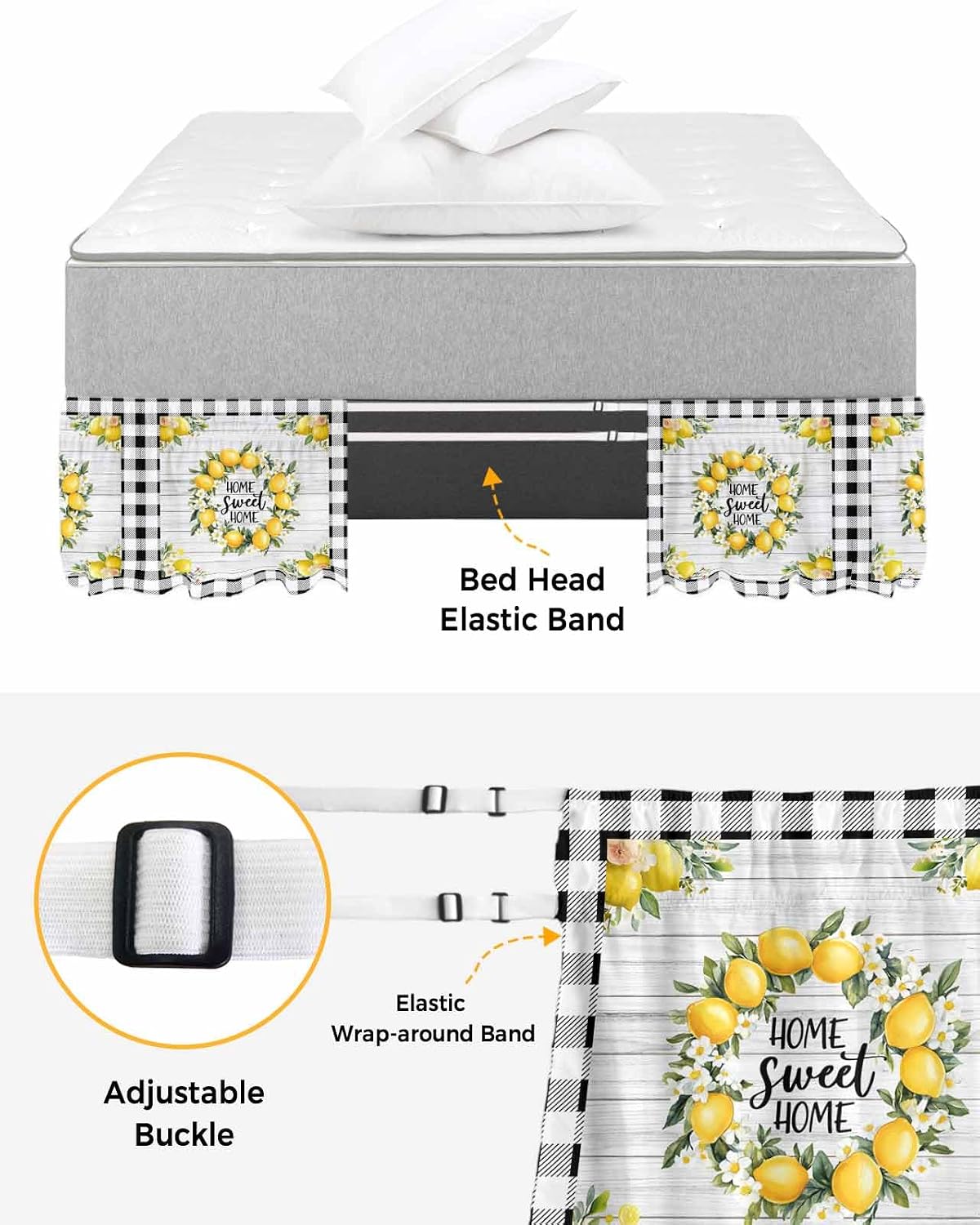 Yellow Lemon Bed Skirt Queen Size 16 Inch Drop, Adjustable Elastic Wrap Around Bed Skirts Easy Fitting Dust Ruffle Bedskirt Bed Frame Cover Farmhouse Black Buffalo Plaid Grey Wooden