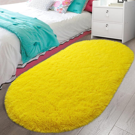 Bedroom Rug 2.6' x 5.3', Yellow Fluffy Shaggy Area Rug for Kids Room
