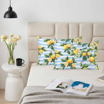 Pastoral Lemon Standard Pillowcase Set of 2, Yellow Blue Flowers Stripes Satin Pillow Case Cover with Smooth Hidden Zipper Closure, Soft Throw Pillow Covers Cases for Home Decoration 20 X 26 Inches