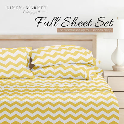 Double-Brushed Patterned Microfiber Full Sheet Set 4 Piece – Oeko-TEX Certified Ultra Soft & Wrinkle-Free - 16" Deep Pocket Sheets - Easy Care Full Size - Arrow Yellow