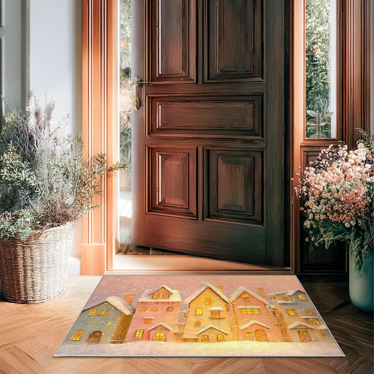 Houses Area Rug, Winter Cozy Snow Windows Winter Warm Yellow Low Pile Doormat Throw Rug Edge Binding Laundry Room Bathroom Doorway Entryway Decor 2' x 3'